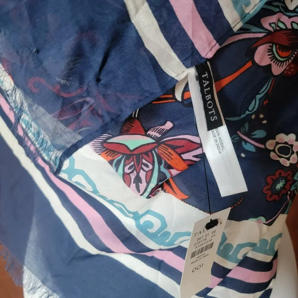 NWT Talbots Blue Floral‎ Scarf 100% Modal Pink Aqua Orange Vibrant Print Fringe